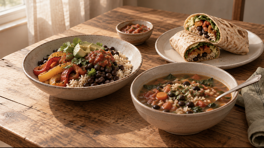 A grain bowl, wrap, and vegetable soup show three ways to use overlapping meal-prep ingredients.