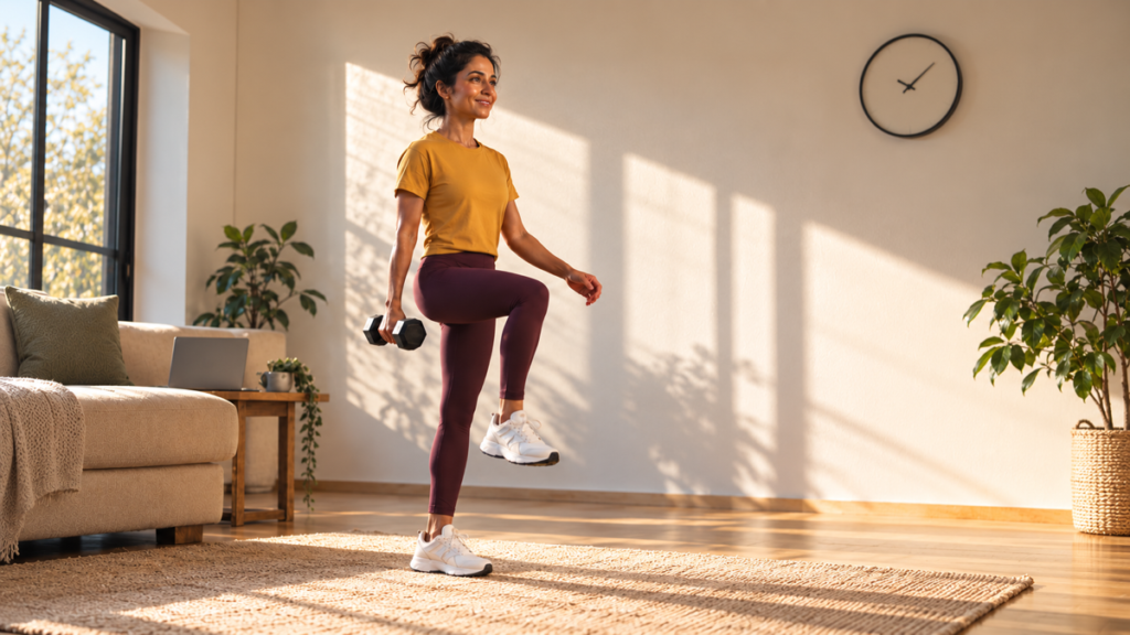 A woman performs a controlled suitcase march with one light dumbbell during a short home workout.
