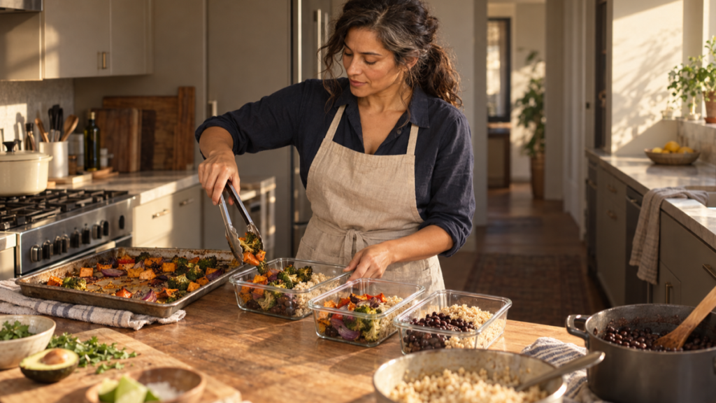 A woman portions roasted vegetables, grains, and beans during a focused meal-prep session in a galley kitchen.