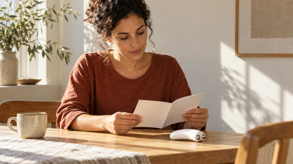 Woman reading a plain instruction booklet beside a generic two-contact facial device.