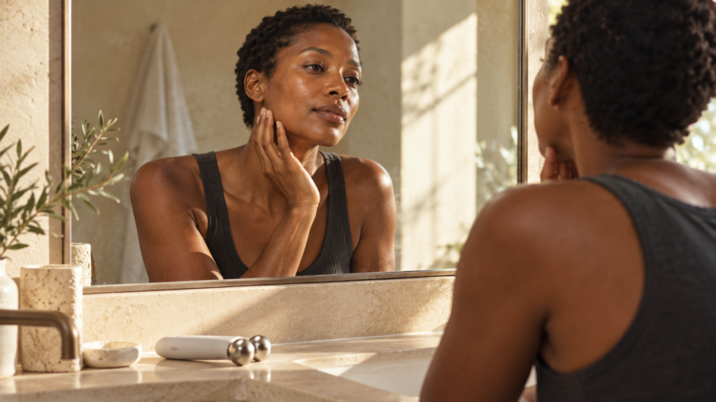 Black woman calmly checking her skin in a mirror after using an unbranded facial device.