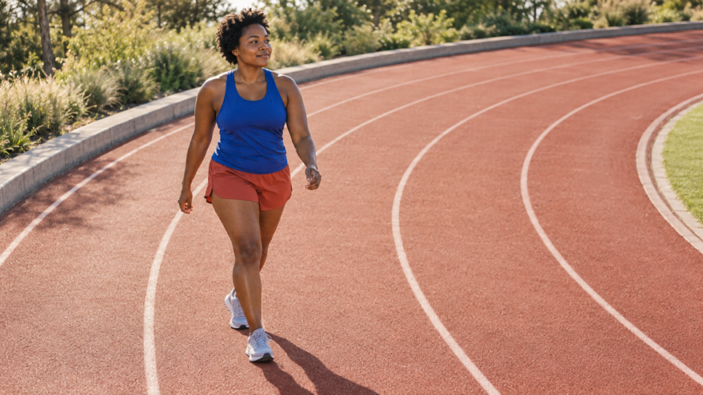 A beginner runner takes a relaxed planned walk break on a sunlit athletics track.