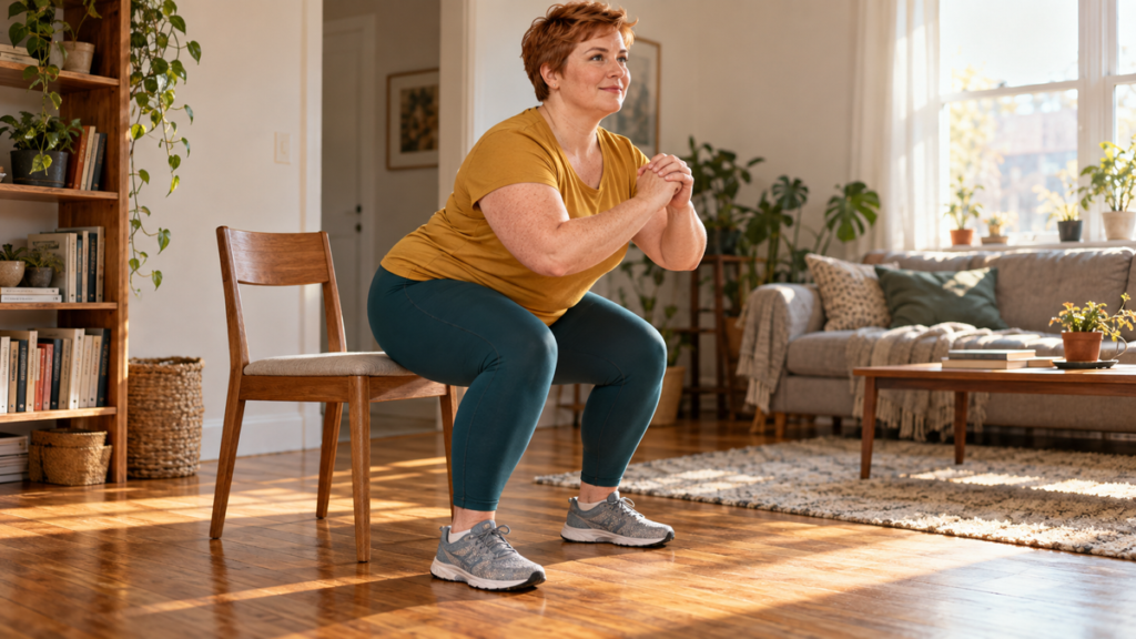 A woman performs a controlled chair squat in a sunlit apartment with her running shoes nearby.