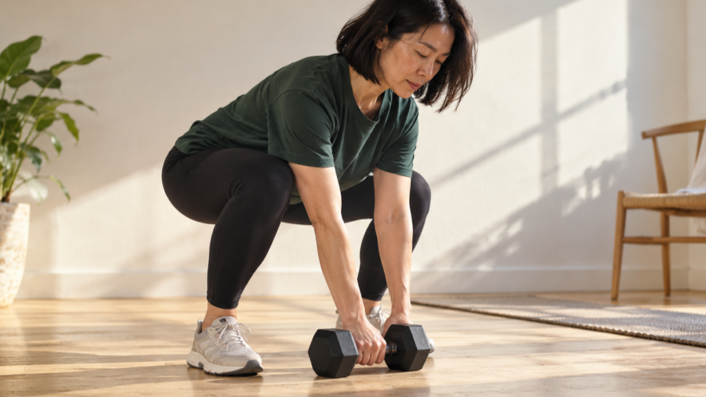 A beginner bends her knees and hips to pick up one dumbbell safely from a clear floor.