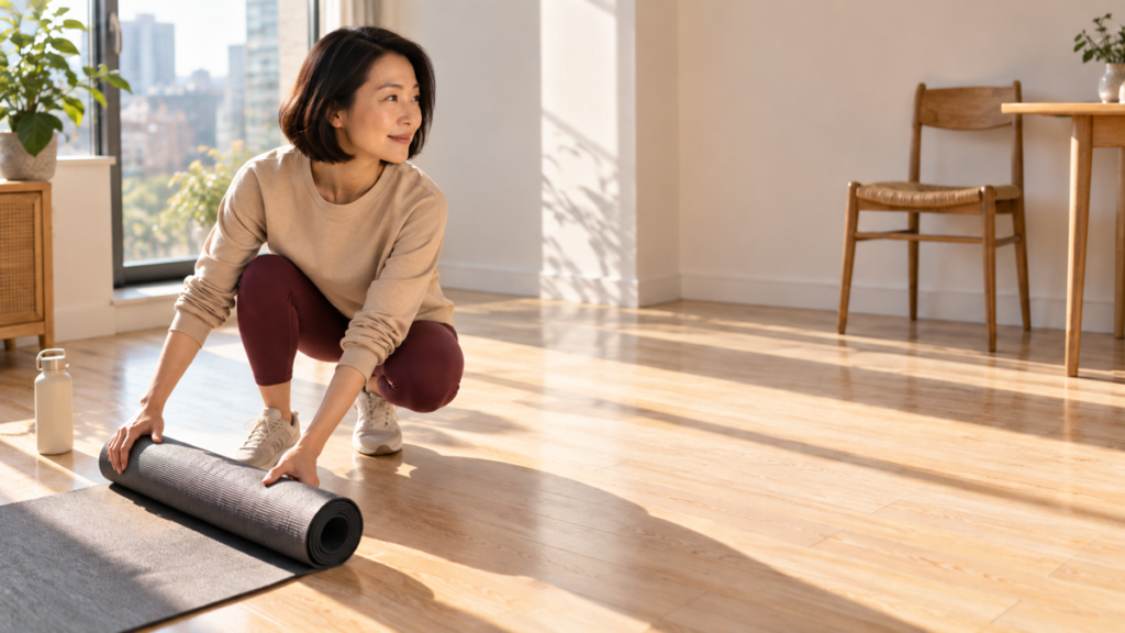 An East Asian woman rolls a loose mat away from an open home workout area beside a stable chair and water bottle.