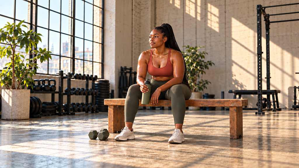 A woman sits upright on a gym bench between sets with a water bottle and two light dumbbells resting safely nearby.