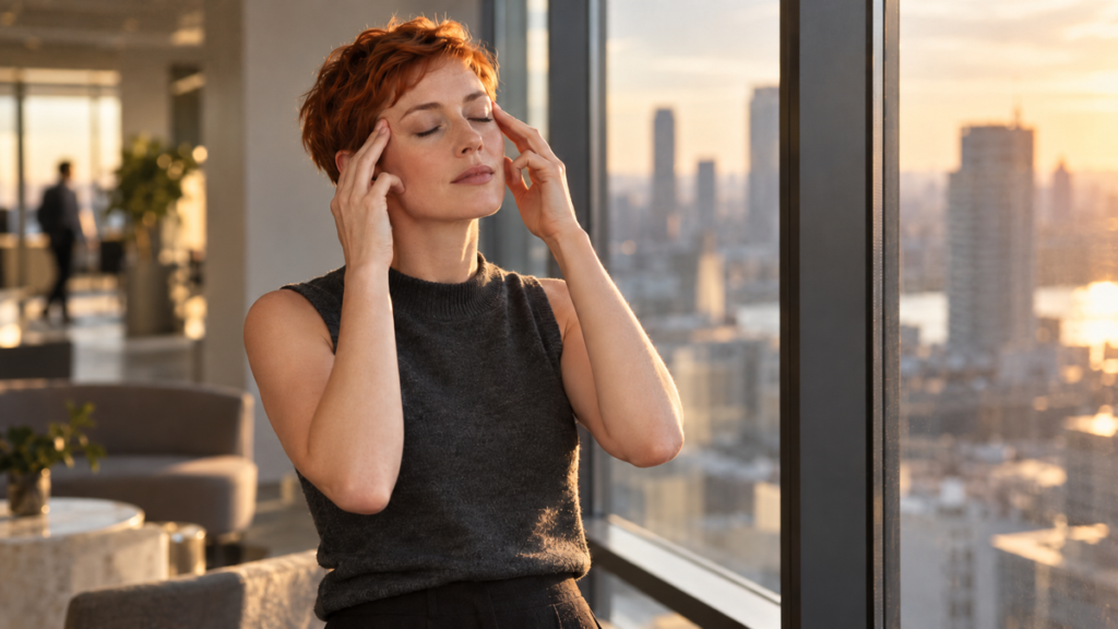 Copper-haired woman taking a brief workday pause with light fingertips resting at both temples by an office window.
