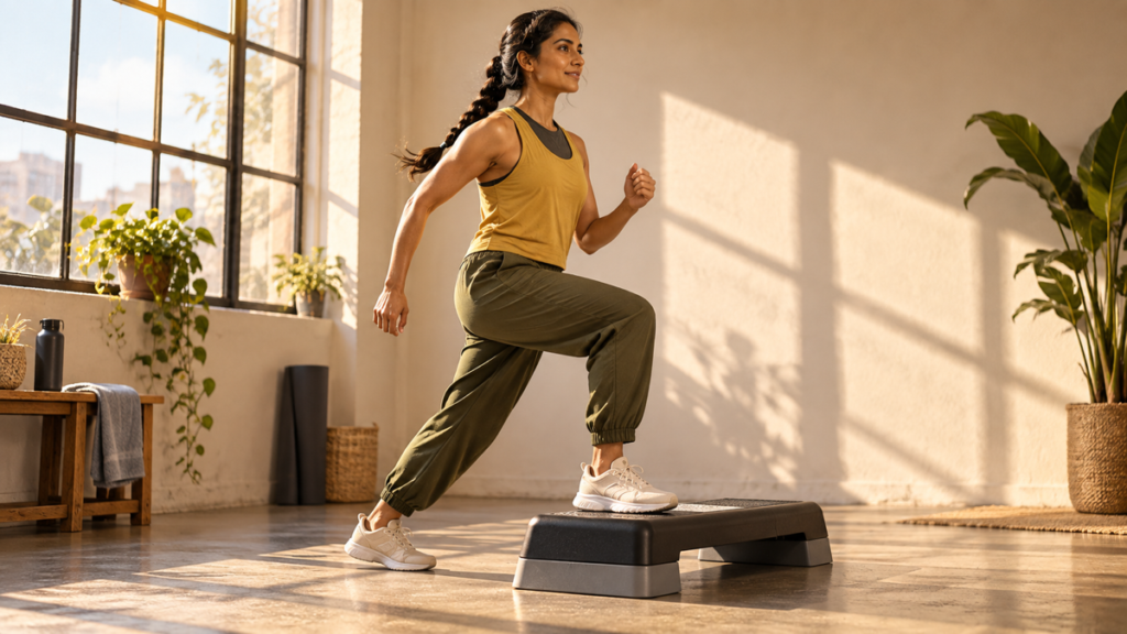 A South Asian woman places her whole foot on a low aerobic platform during a controlled home step routine.