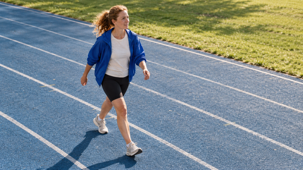 A red-haired woman takes a controlled brisk walk along a blue outdoor track in hard natural sunlight.