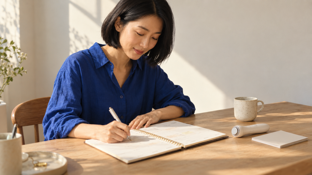 East Asian woman adding a facial-device session to a paper weekly planner.